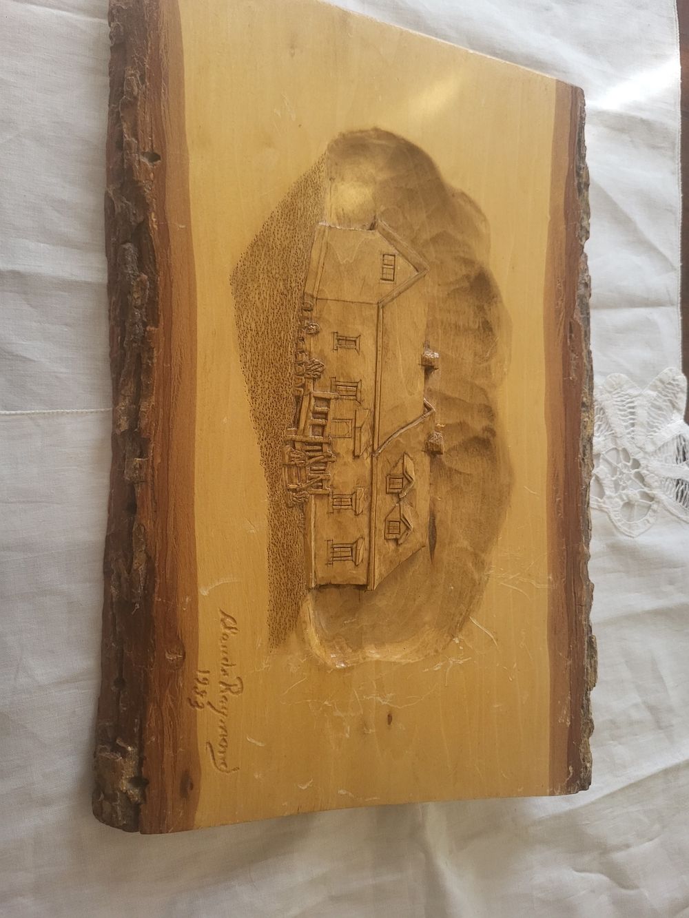 1983 Wood Carving country scene, signed by Mastial, 13"*9"*1.75", Quebec, Canada